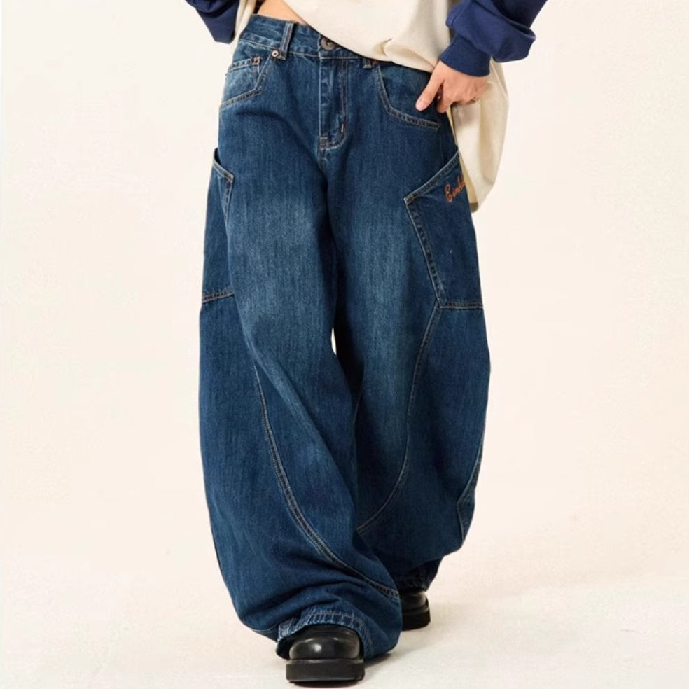 Women's Loose Wide-leg Baggy Jeans With Large Pockets Machete