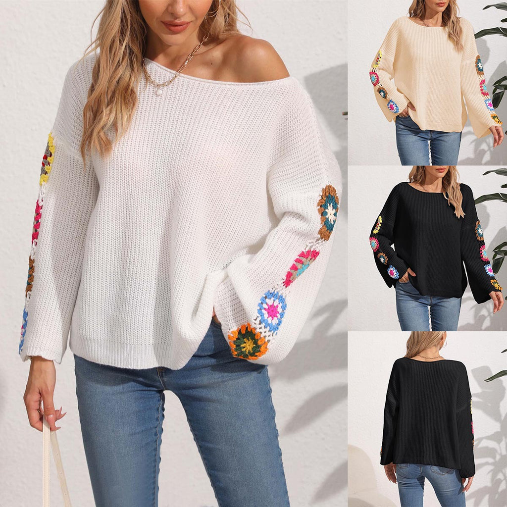 Women's Round Neck Collar Crocheted Pullover Sweater
