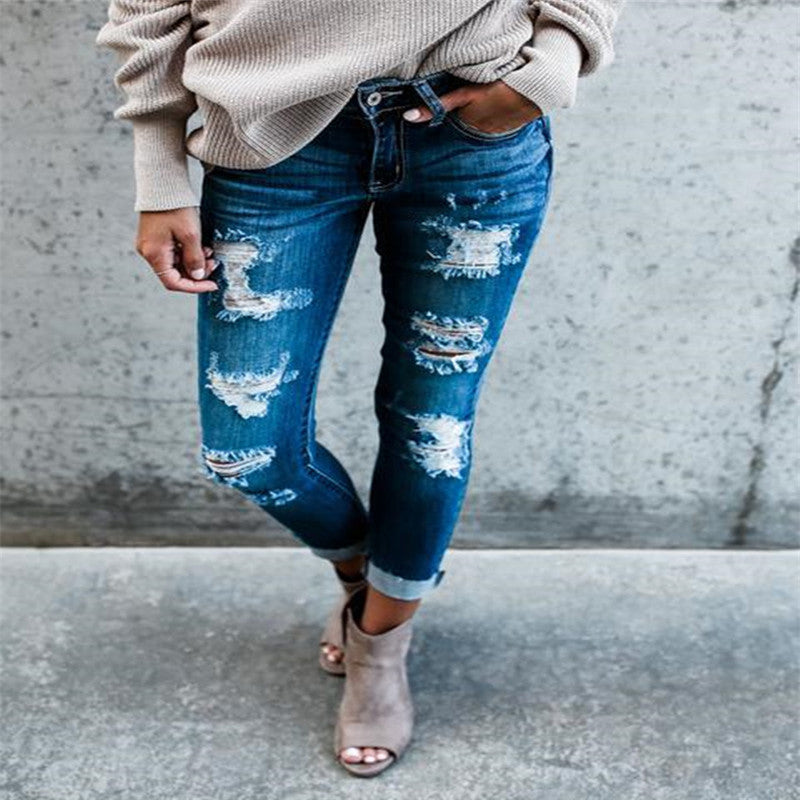 Women's Frayed Light Blue Ripped Slim Fit Jeans