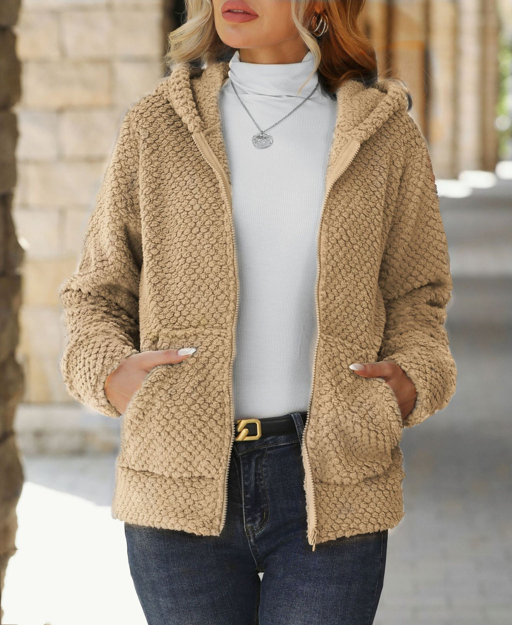 Women's Loose Pocket Hooded Zipped Sweater