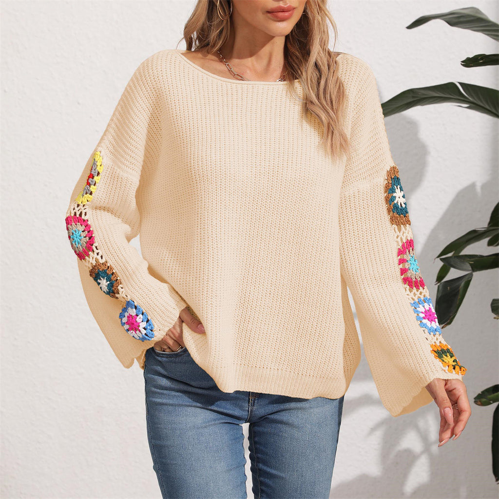 Women's Round Neck Collar Crocheted Pullover Sweater