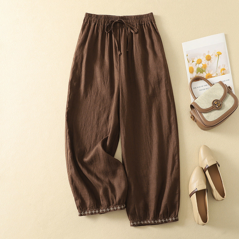 Women's Cotton Linen Embroidered Drawstringed Loose Pants