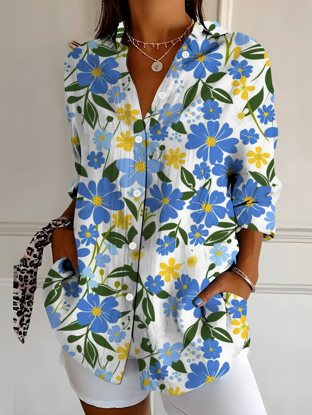 Women's Vibrant Colorful Floral-Patterned Long-Sleeve Shirt