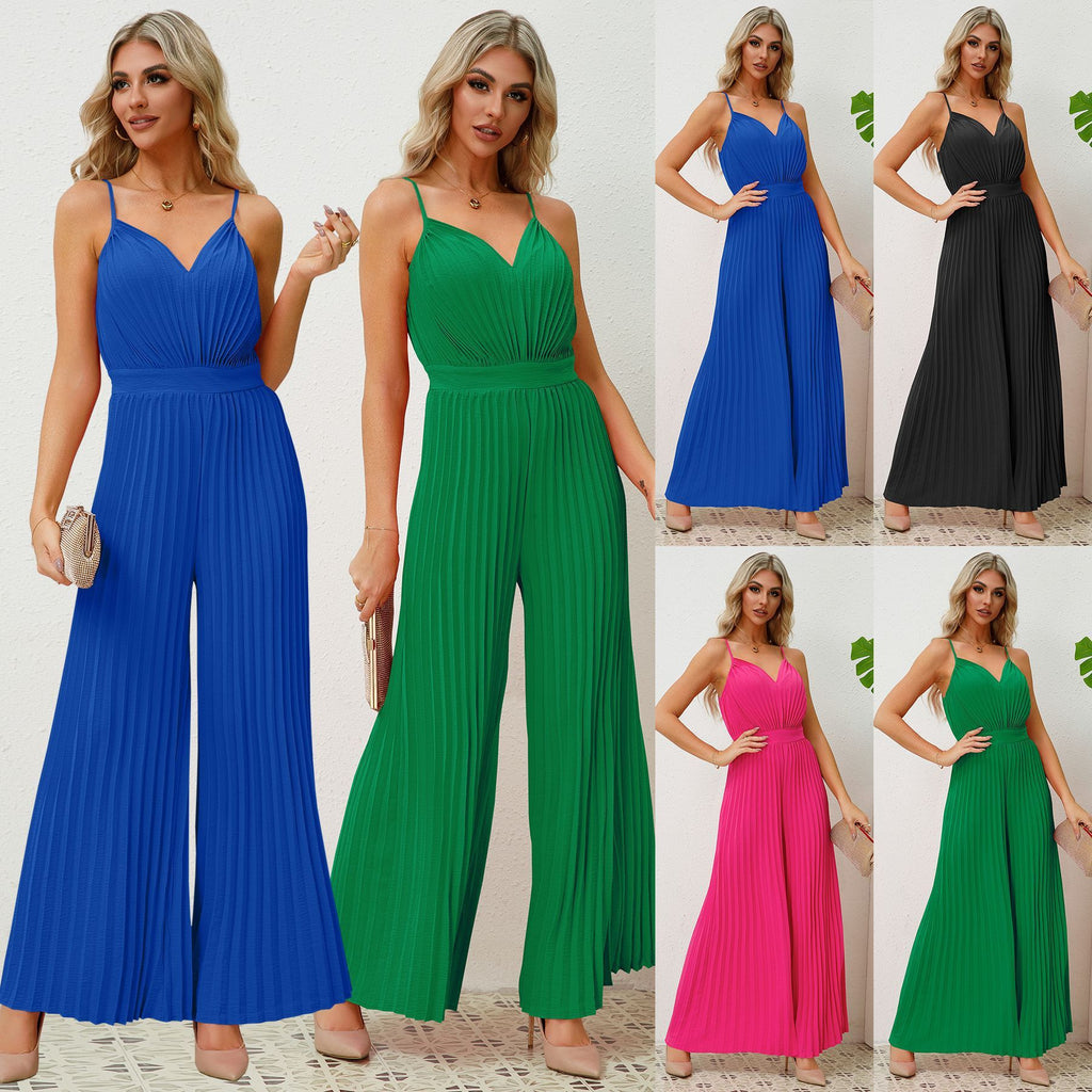 Women's V-neck Suspender Pleated Jumpsuit