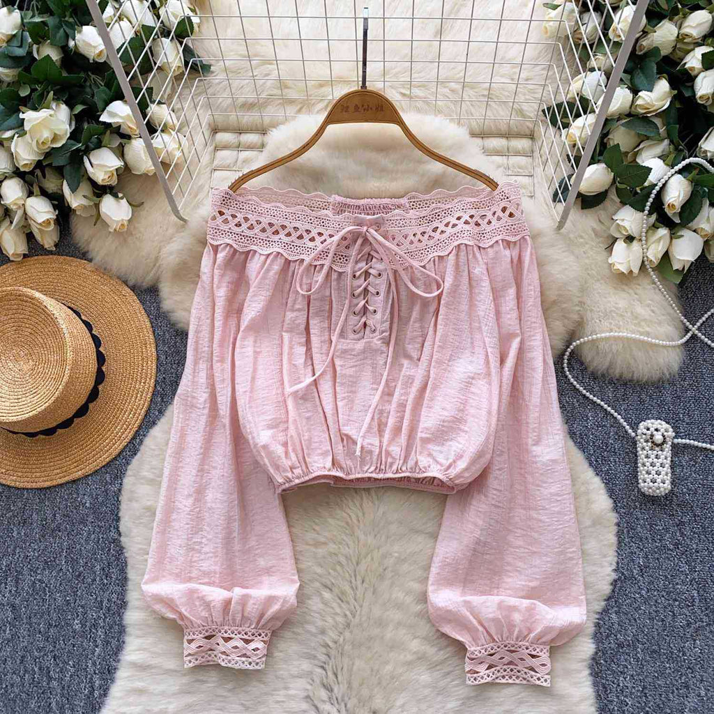 Women's Open-Shoulder Cropped Lantern-Sleeved Top