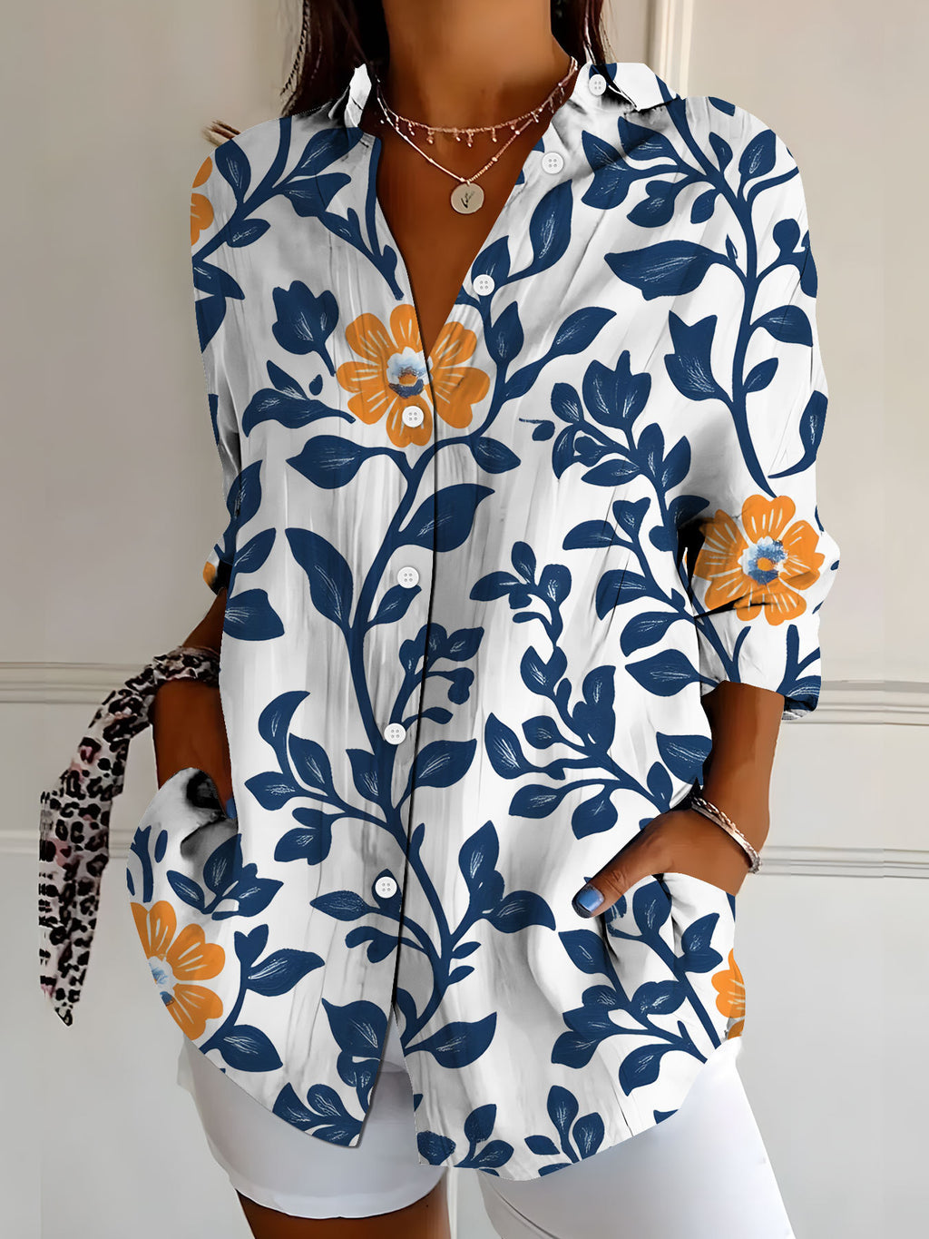 Women's Elegant Floral Print Long-Sleeve Shirt