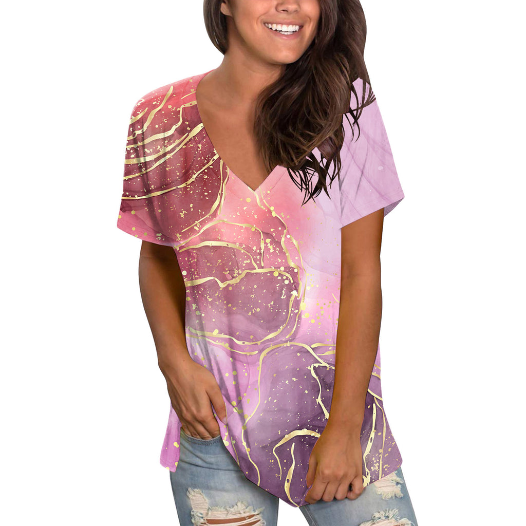 Women's Short Sleeve Printed V-Neck Printed Top