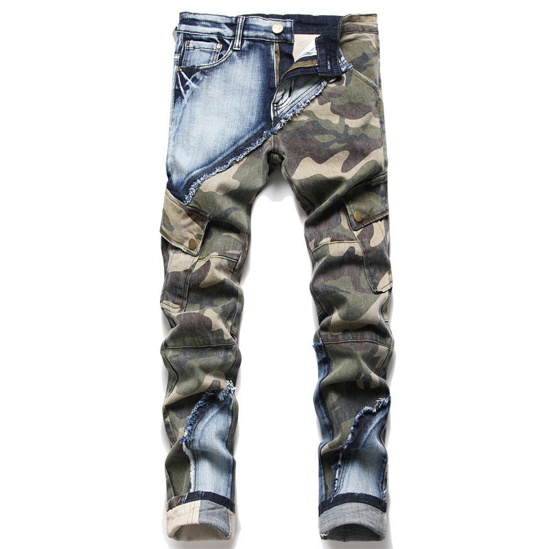 Men's Camouflage Cut And Sew Slim Fit Streetwear Jeans