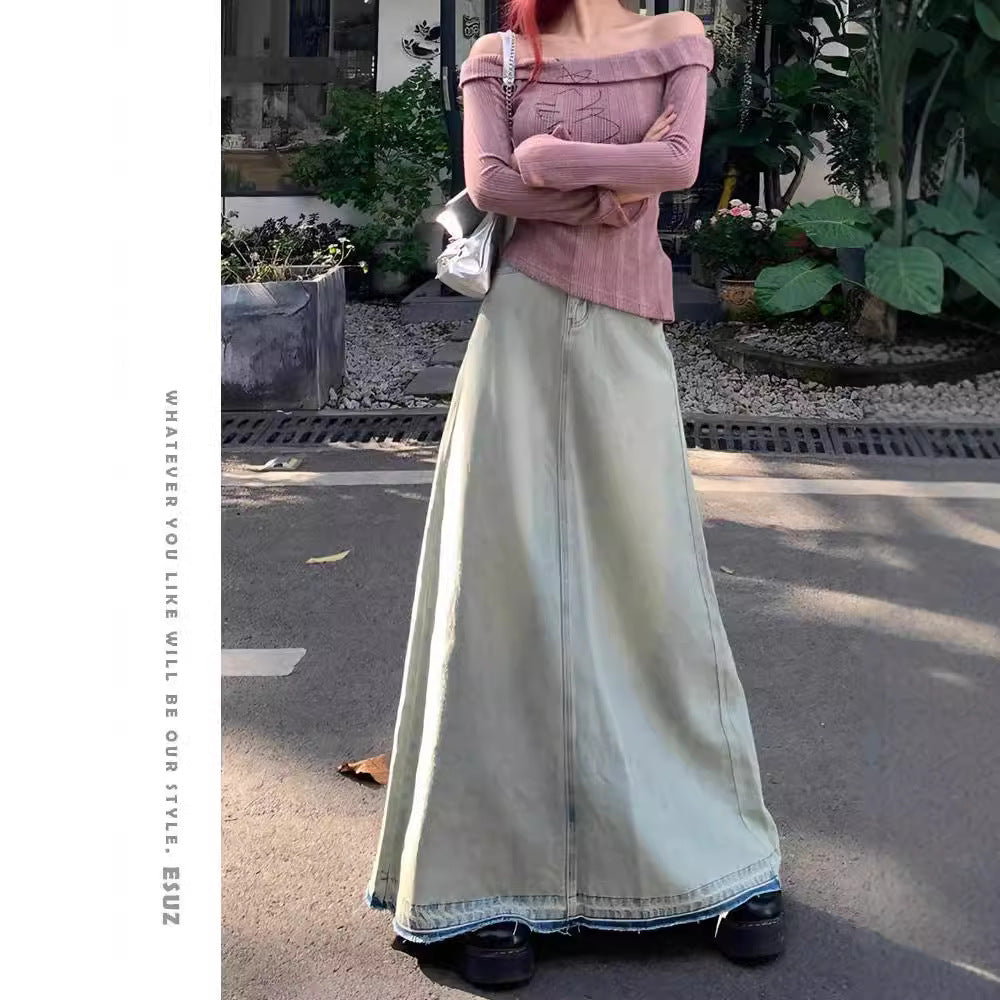 Women's Washed Distressed Denim Skirt