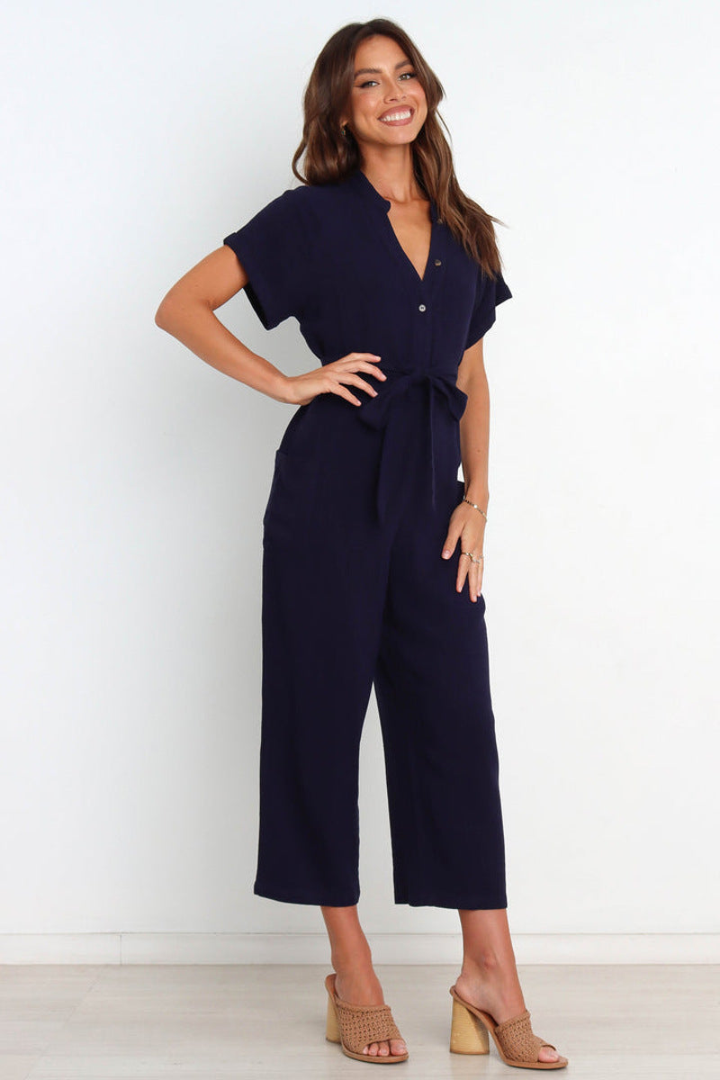 Women's V-neck Cropped Wide-Leg Jumpsuit