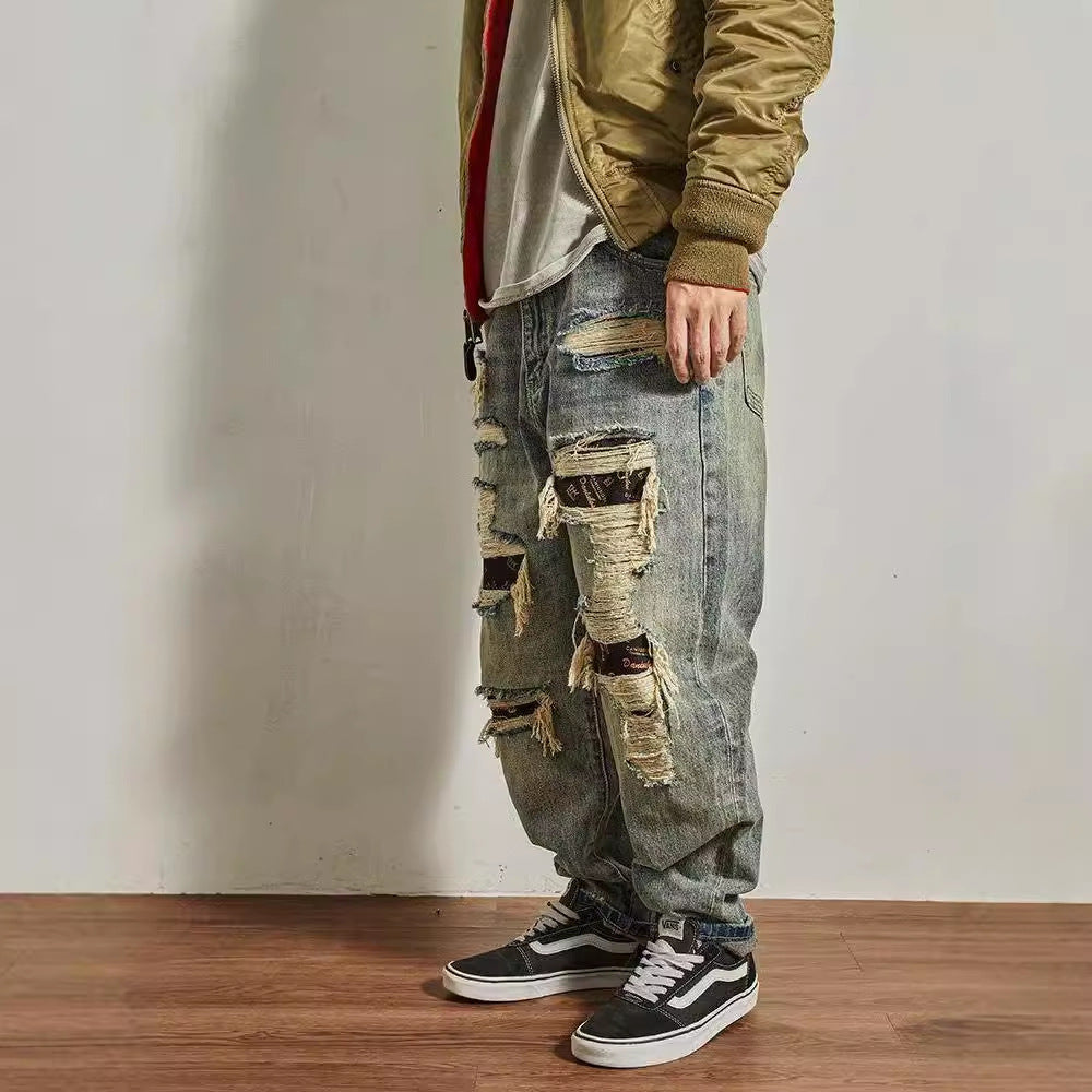 Men's Straight Tapered Distressed Torn Look Jeans