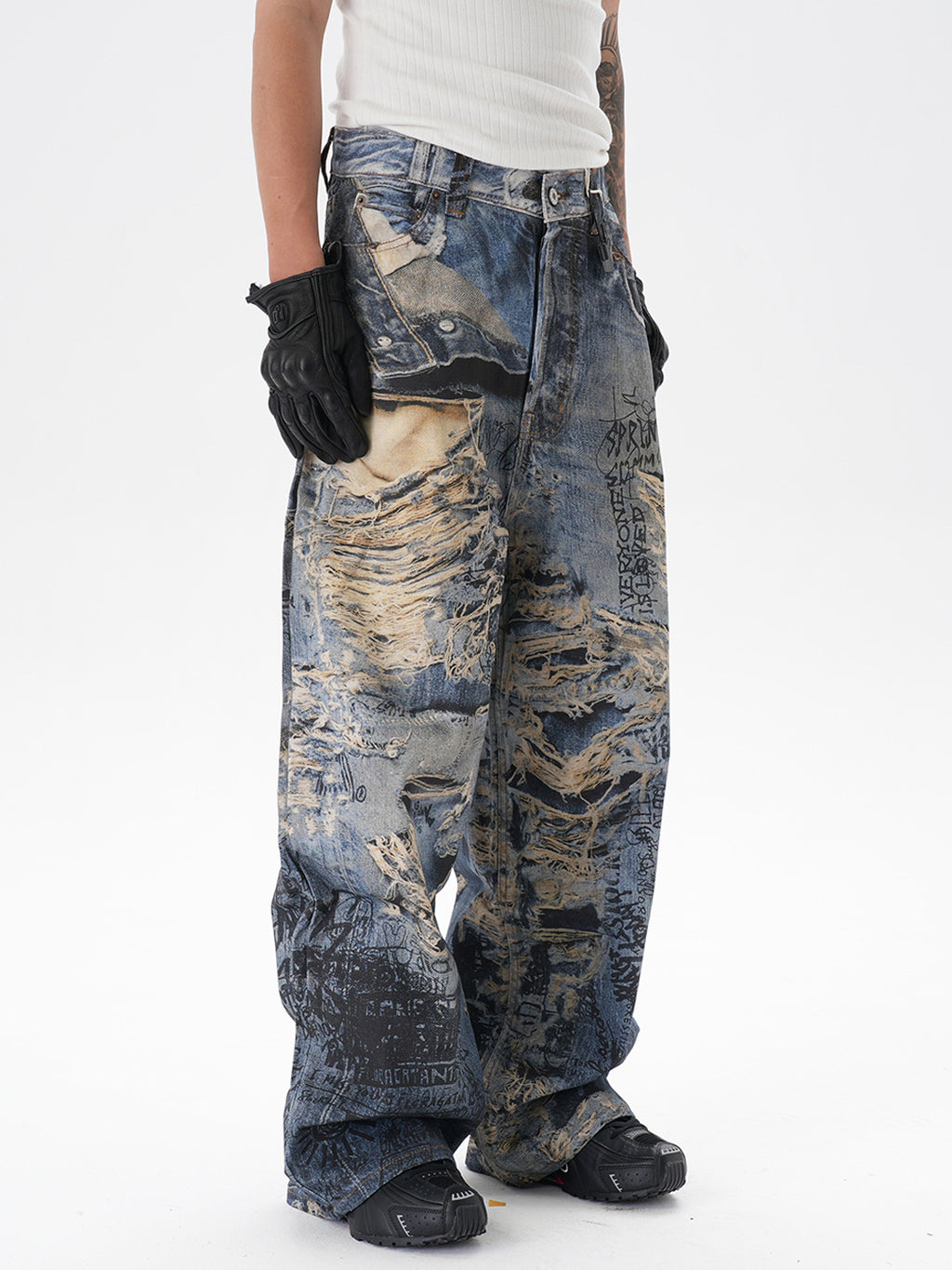 Men's Ripped Graffiti Straight Jeans