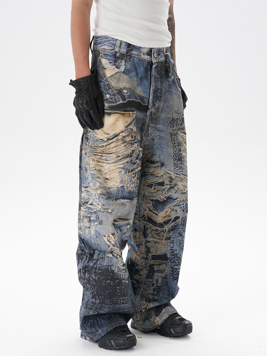 Men's Ripped Graffiti Straight Jeans