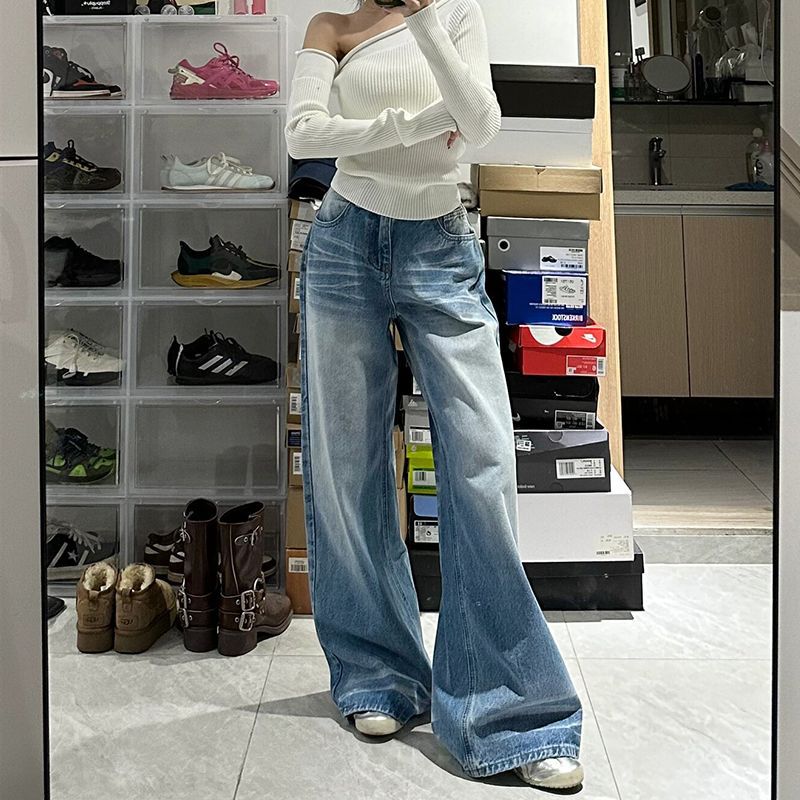 Women's Retro Washed High Waist Wide Leg Jeans