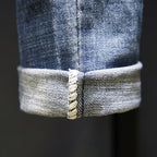 Men's Dark Blue Frayed Washed Jeans