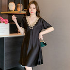 Women's Thin Lace Ice- Silk Embroidered Short Sleeve Nightdress