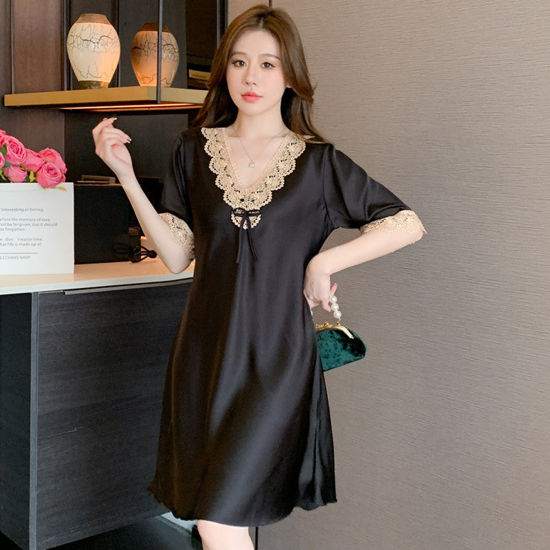 Women's Thin Lace Ice- Silk Embroidered Short Sleeve Nightdress