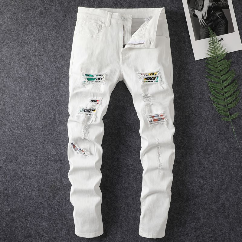 Men's White Color Patched Washed Jeans
