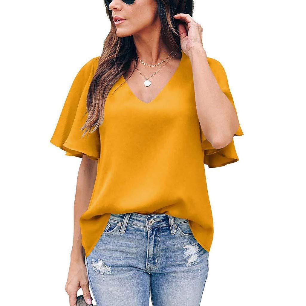 Women's Loose V-Neck Ruffle Sleeve Top