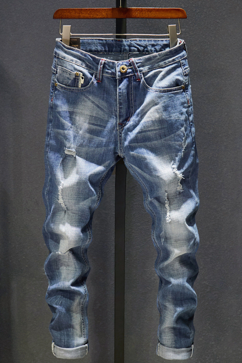 Men's Dark Blue Frayed Washed Jeans