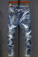 Men's Dark Blue Frayed Washed Jeans
