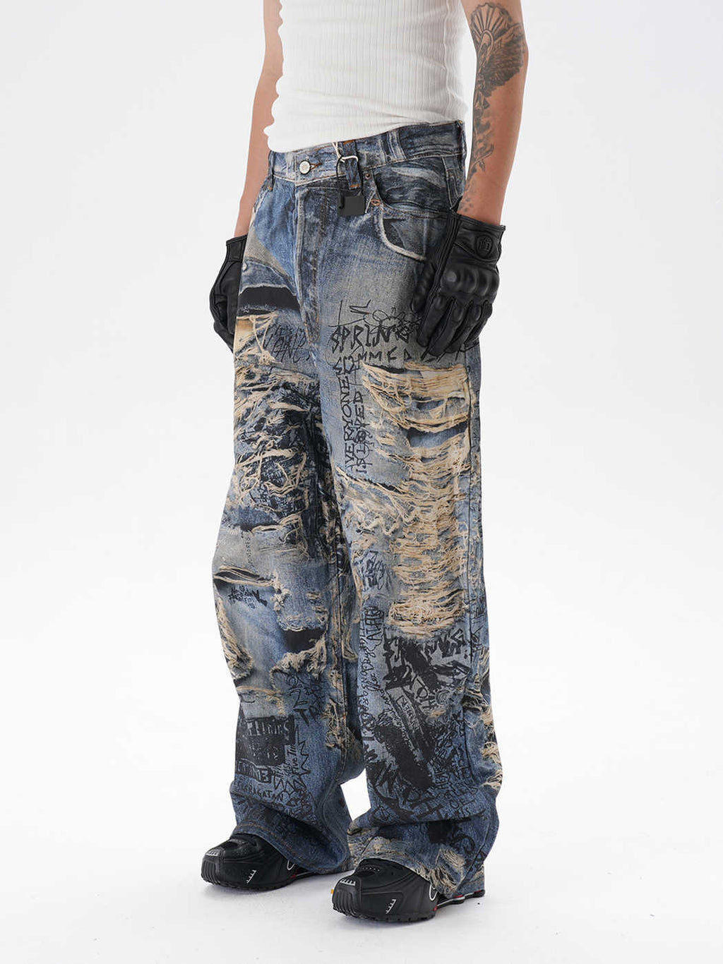 Men's Ripped Graffiti Straight Jeans