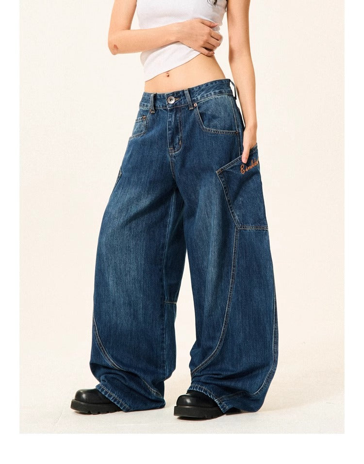 Women's Loose Wide-leg Baggy Jeans With Large Pockets Machete