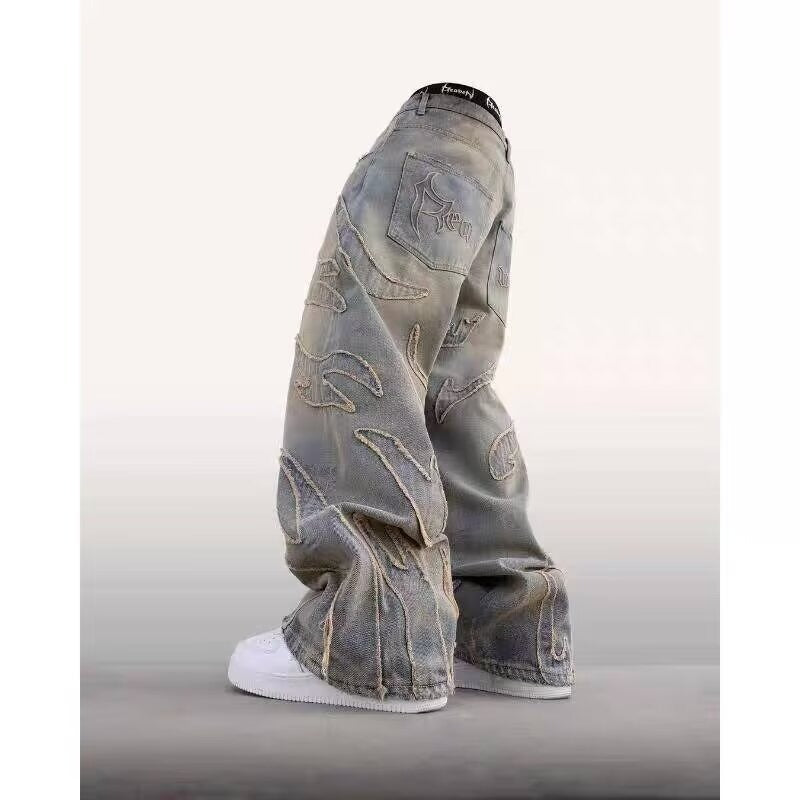 Men's Retro Flame Pattern Embroidered Baggy Jeans