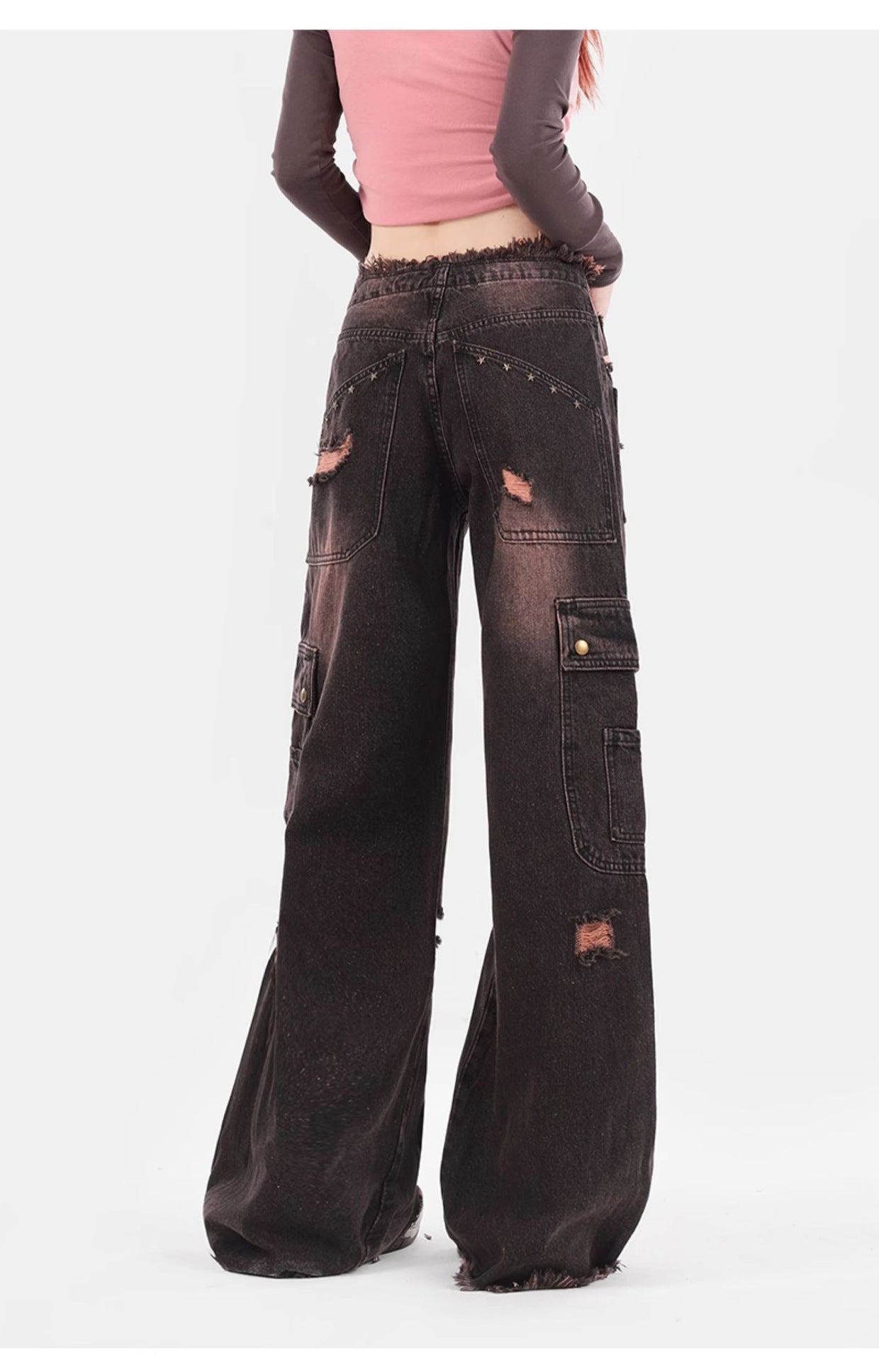 Women's Retro Washed Burr Damage Cargo Jeans