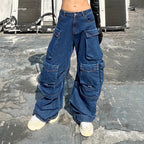 Women's Distressed Wide-leg Multi-pocket Jeans