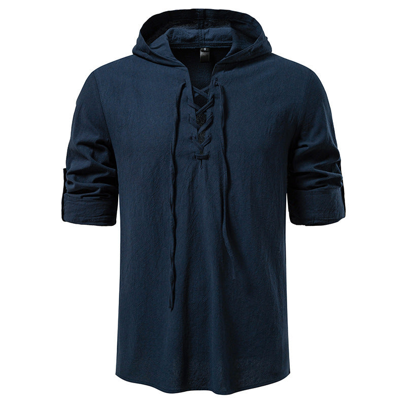 Men's Drawstring Cotton Long Sleeve Top