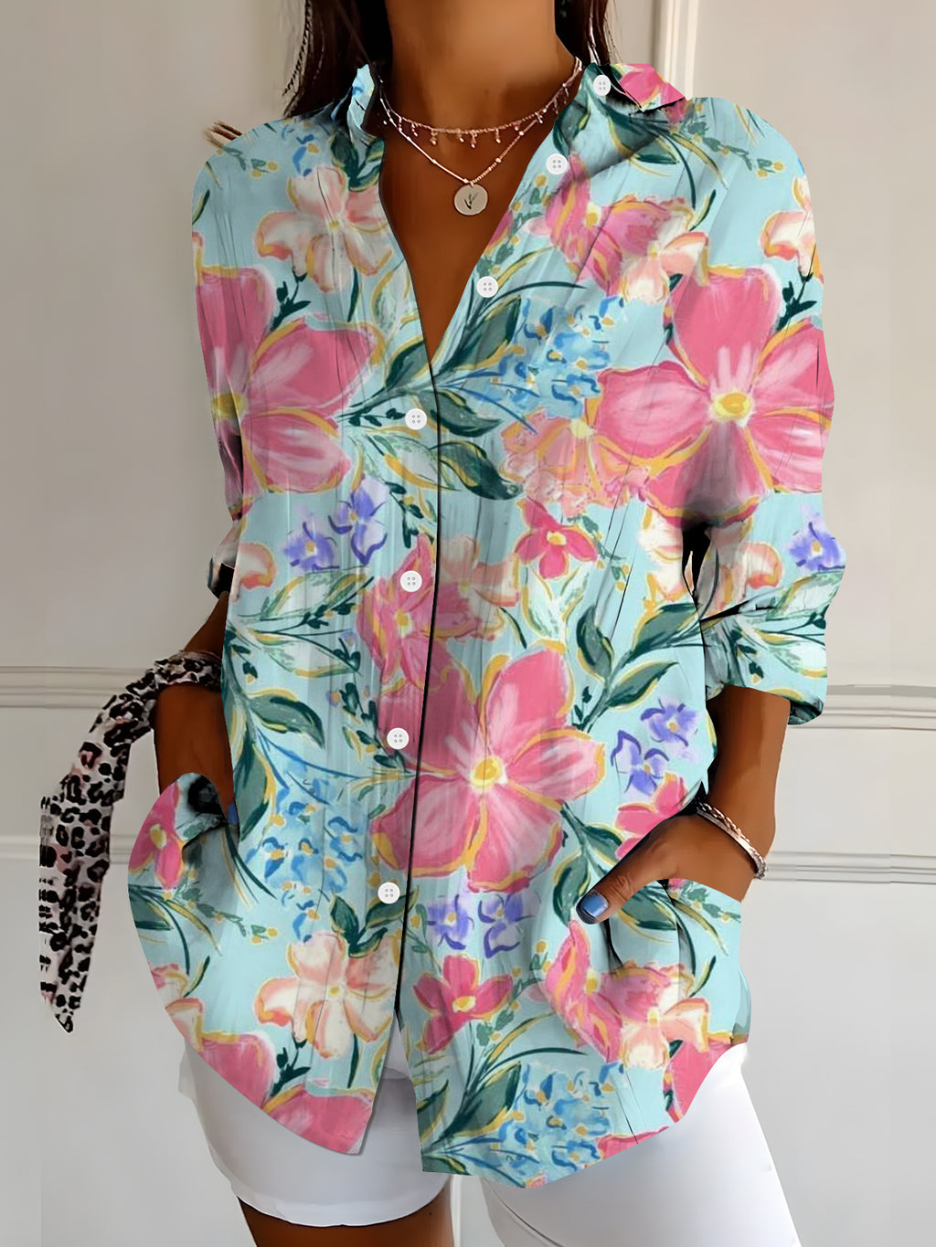 Women's Vibrant Colorful Floral-Patterned Long-Sleeve Shirt