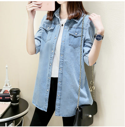 Women's Mid-length Slim-Fit Denim Shirt