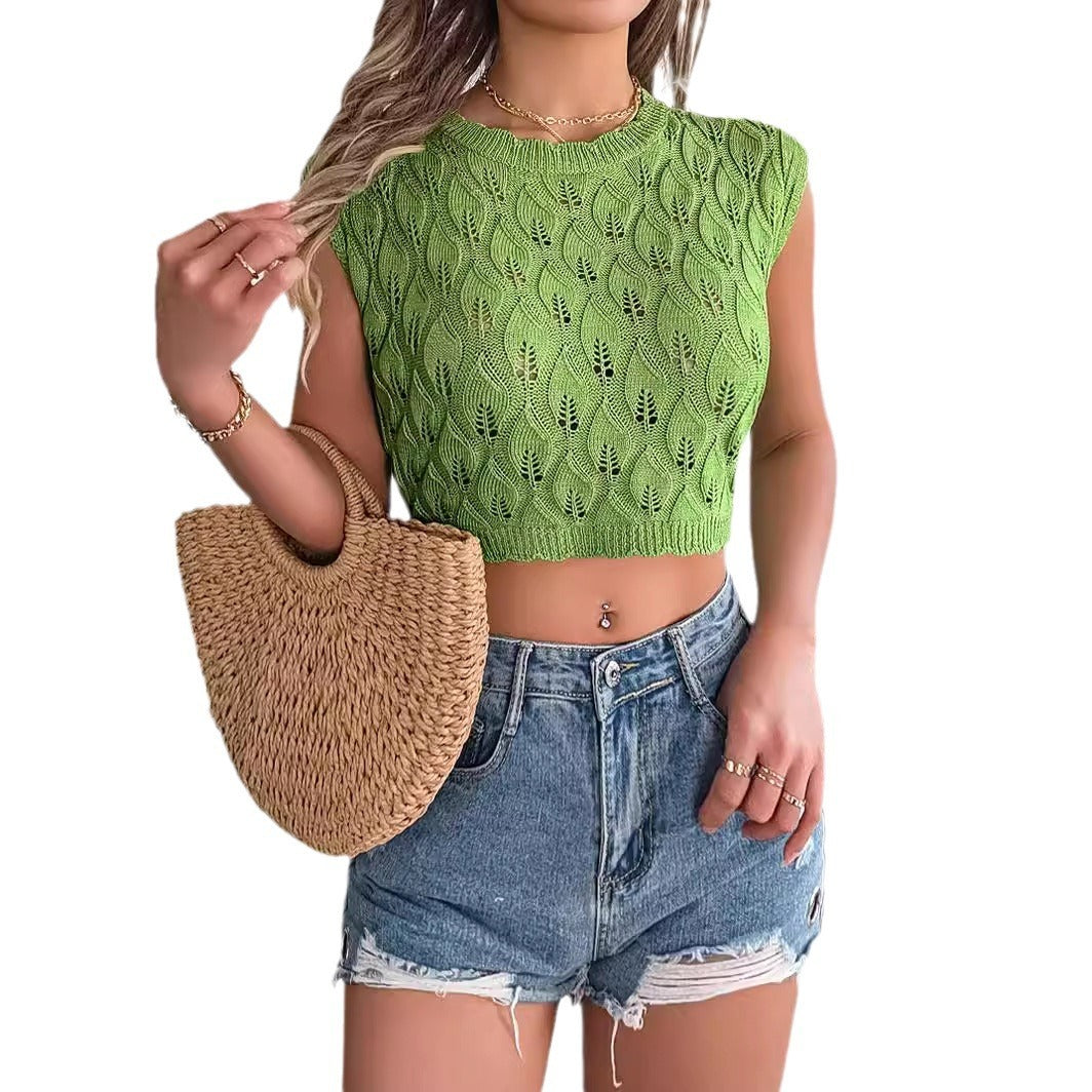 Women's Hollow Leaves Midriff-baring Knitted Top