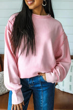Women's Solid Blush Round Neck Drop Shoulder Long Sleeve Sweatshirt