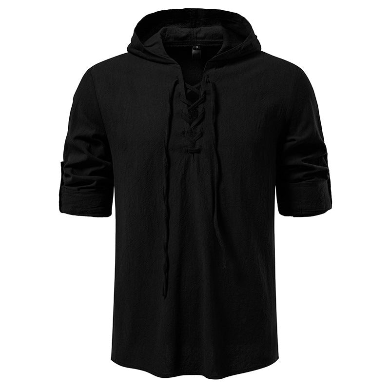 Men's Drawstring Cotton Long Sleeve Top