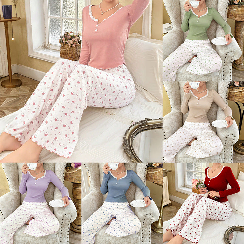 Women's Lace Long Sleeve Top And Pants Set