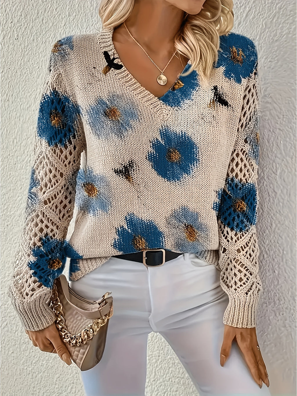 Women's Elegant Bohemian Floral V-neck Long Sleeve Top