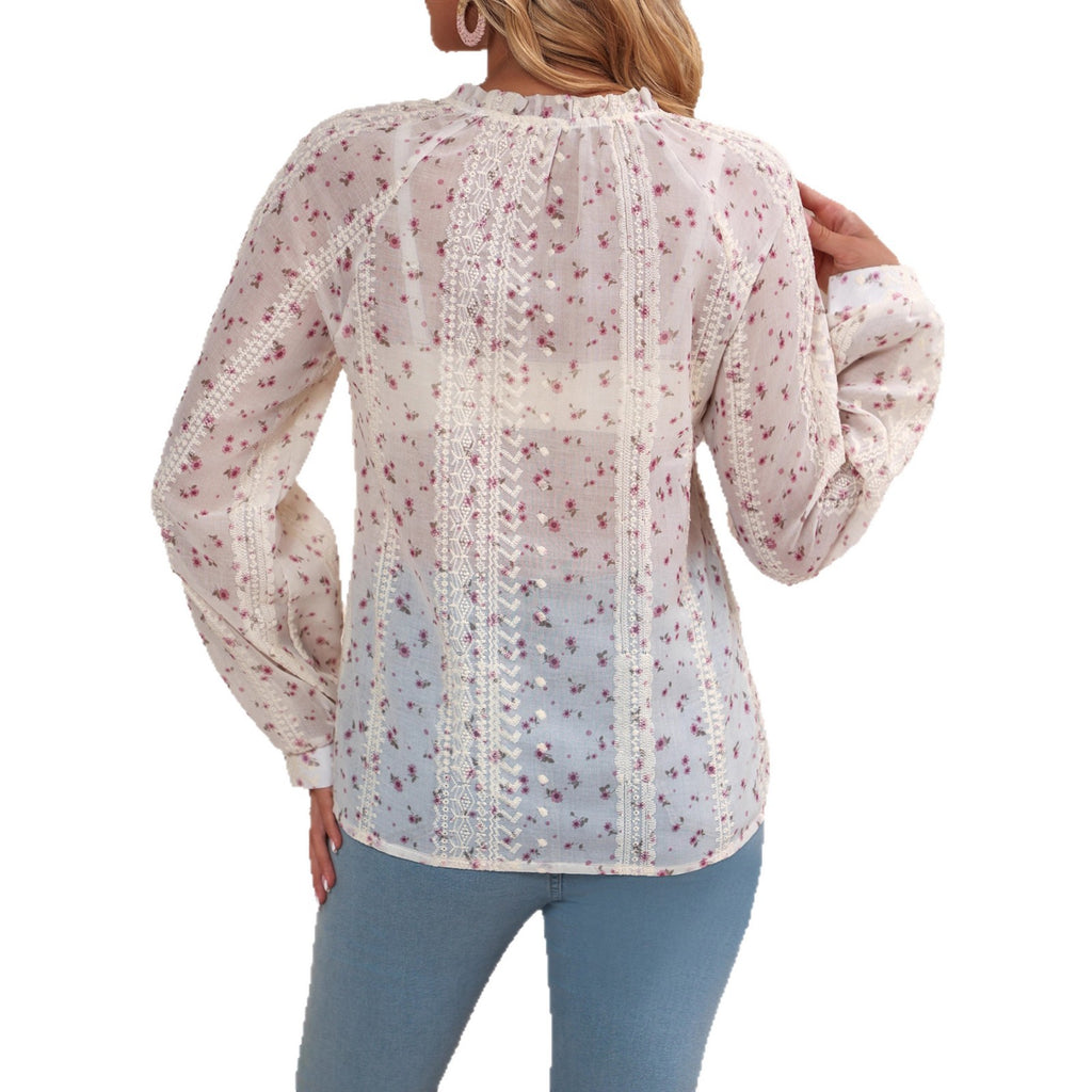 Women's V-Neck Embroidered Shirt With Drawstring
