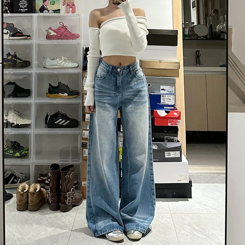 Women's Retro Washed High Waist Wide Leg Jeans