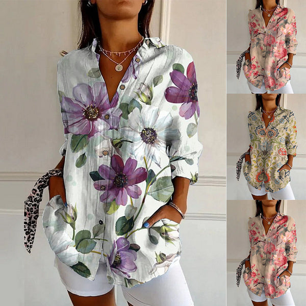 Women's Floral And Green Leaf-print Long-sleeve Blouse