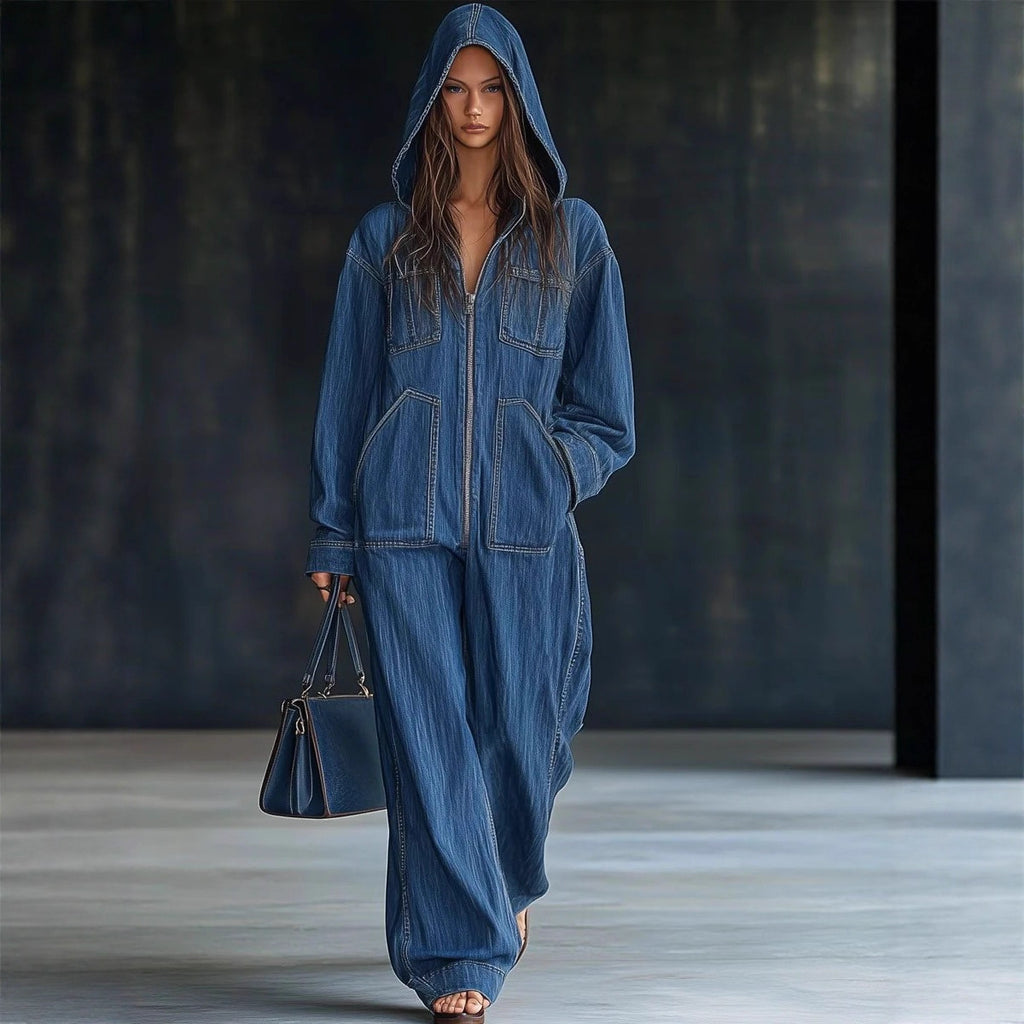 Women's Hooded Overall Jeans Jumpsuit
