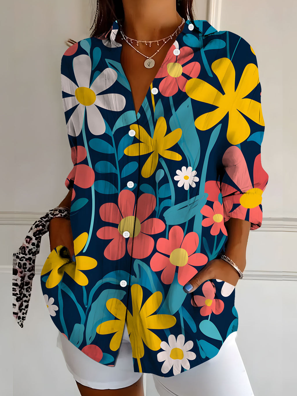 Women's Elegant Floral Print Long-Sleeve Shirt