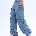 Women's American High Street Multi-pocket Washed Baggy Jeans