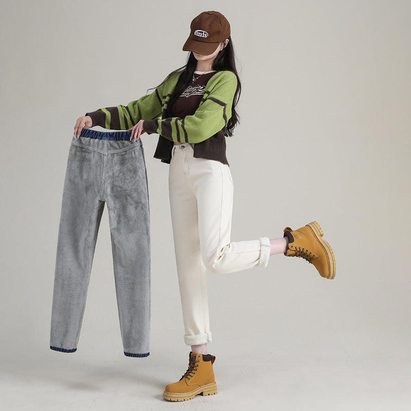 Women's Straight High Waist Thickened Fleece Padded Jeans