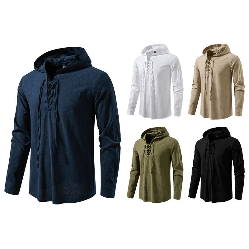 Men's Drawstring Cotton Long Sleeve Top