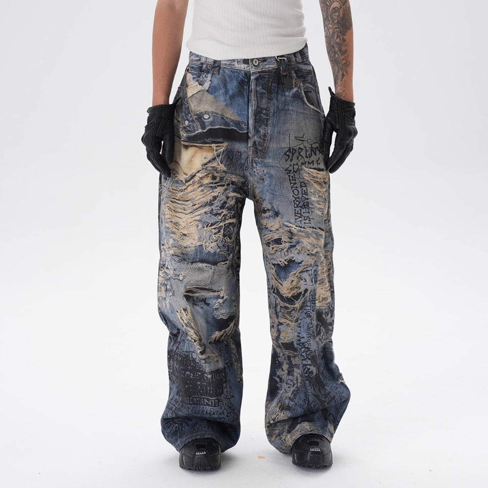 Men's Ripped Graffiti Straight Jeans