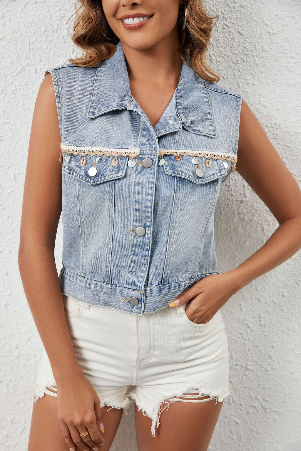 Women's Single Breasted Tassel Denim Short Vest
