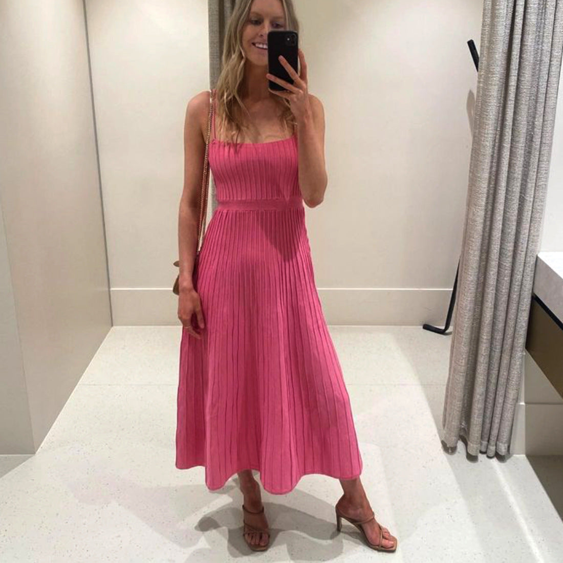 Women's Solid Color High Waist Pleated Dress