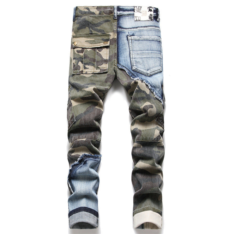 Men's Camouflage Cut And Sew Slim Fit Streetwear Jeans